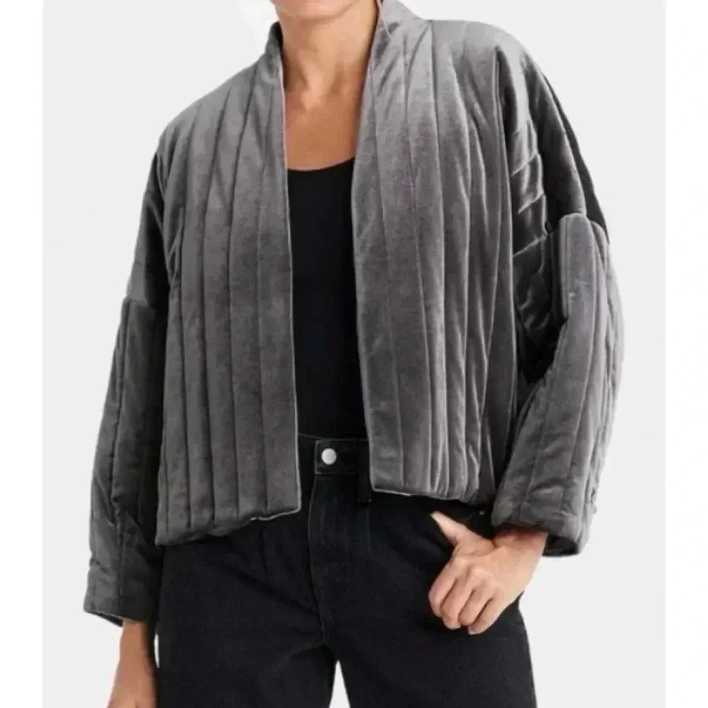 Quilted Velvet Waist Duster Open Jacket